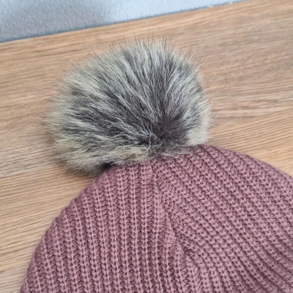 Carhartt Womens Hat Pink Pom Fleece Lined Knit Faux Fur Beanie Soft Mauve